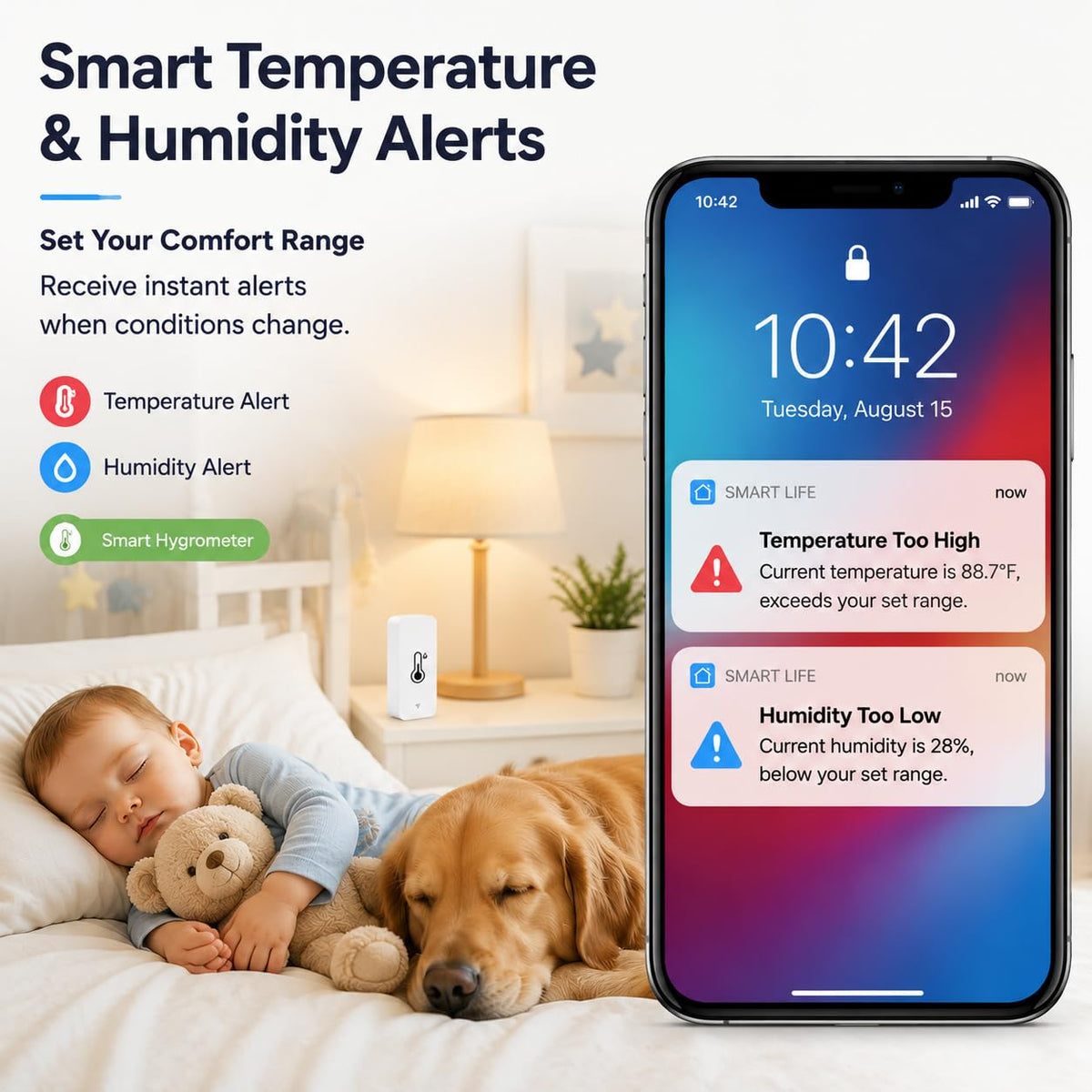 4-Pack WiFi Temperature Humidity Sensor: Indoor Thermometer Hygrometer with App Alert, Free Data Storage Export, Smart Temperature Humidity Monitor for Home Pet Greenhouse, Compatible with Alexa