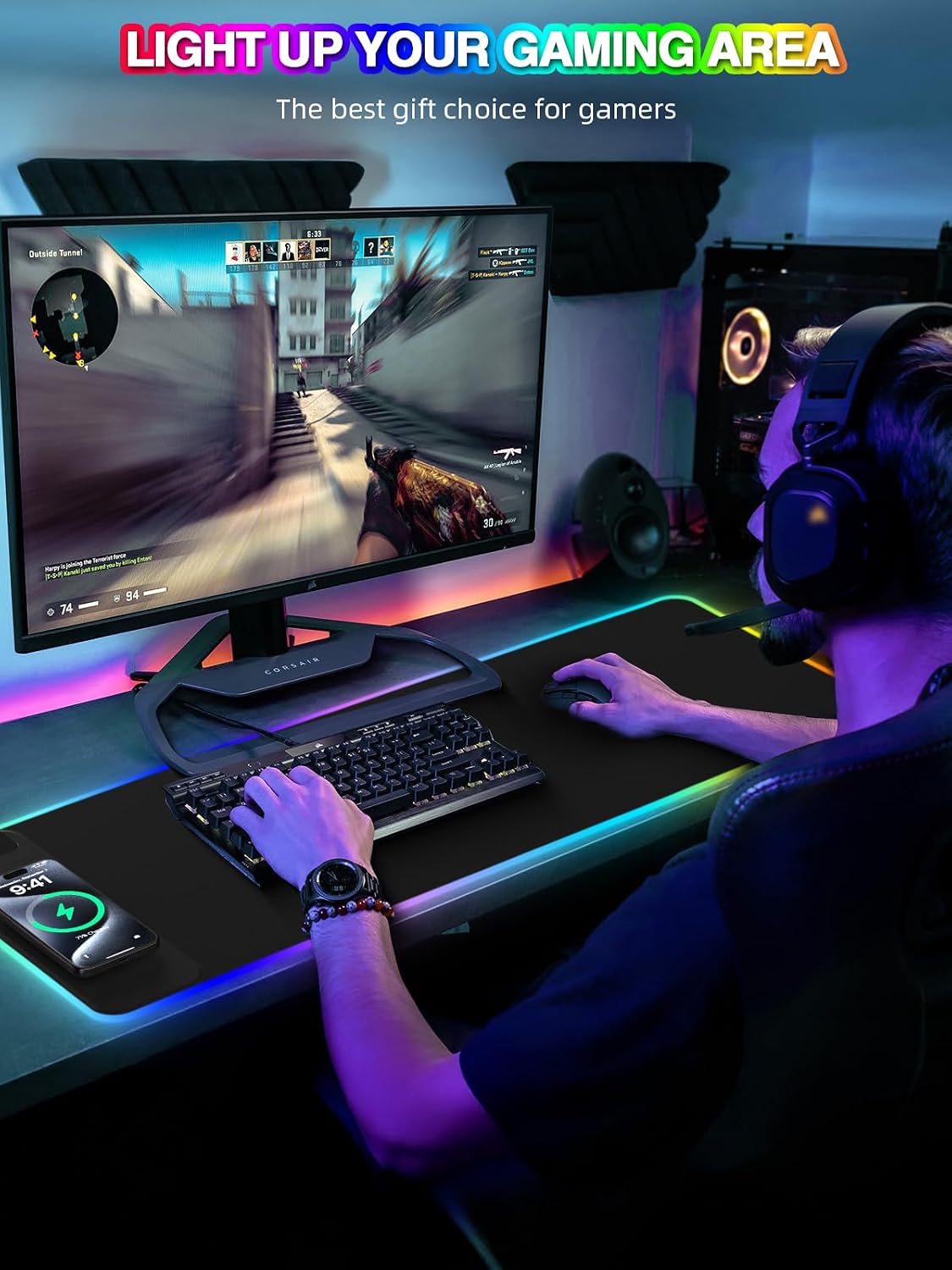 Magnetic Charging Mouse Pad, 31.5x11.81 Inch XL Gaming Mousepad, 11+5 RGB Lighting Modes, Home Office Large Desk Pad with Ultra-Smooth Surface, Non-Slip, Waterproof Keyboard Pad Classic Black Desk Mat