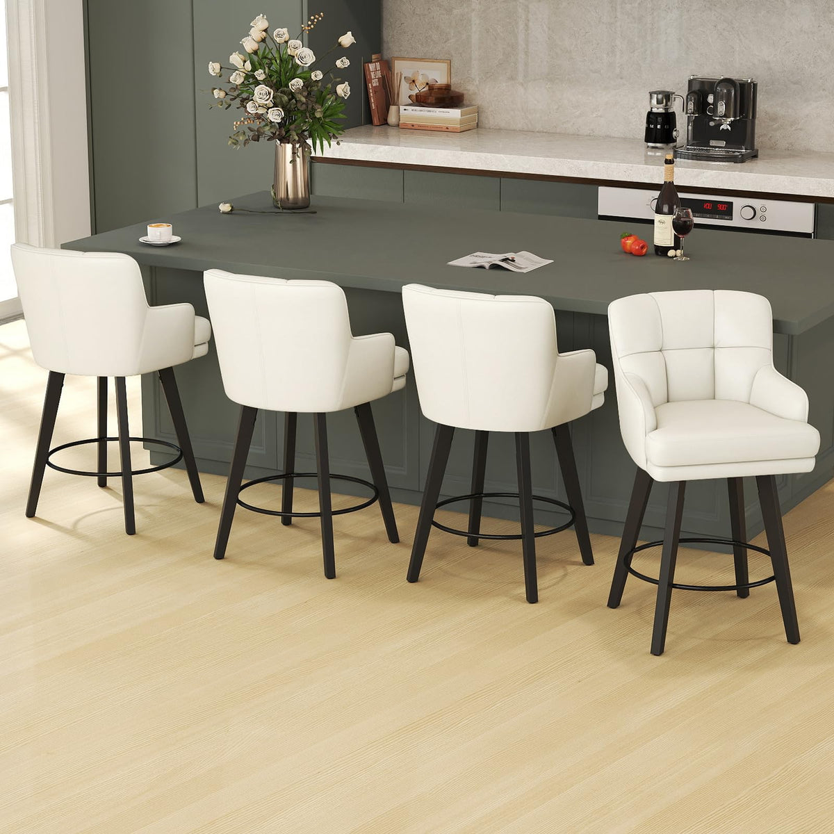 SAECKBERG 360°Swivel Counter Height Bar Stools with Back, 26 inch Solid Wood Legs, Bar Stool Modern Kitchen Island Chairs, Faux Leather (Antique White- Faux Leather, 26" H- Set of 4)