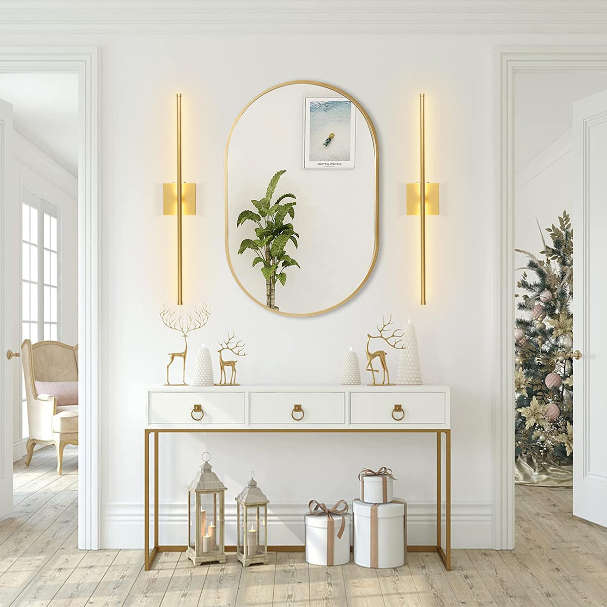 LED Wireless Wall Sconce with Remote Control (Set of Two), USB Rechargeable Battery Powered Indoor Wall Lamps, Dimmable, 360° Rotate,Timing, 28.3 inch Gold Wall Lights for Hallway/Living Room/Bedroom