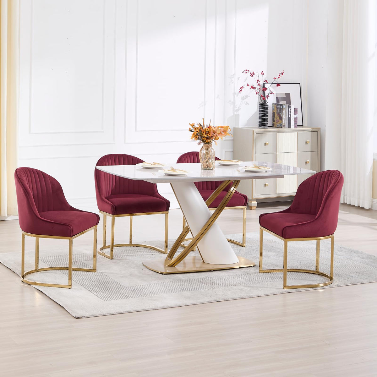 ChicAura Velvet Dining Chairs Set of 4, Modern Barrel Dinning Room Chairs with Golden Frame Upholstered Kitchen Chair Armless Accent Side Chair for Living Room/Kitchen/Dining Room/Hotel, Red