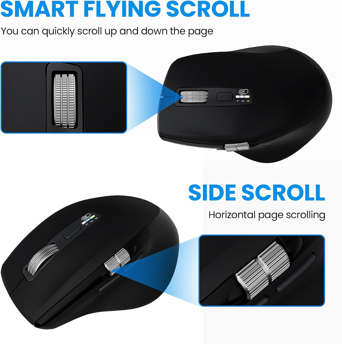 INFINMIND Wireless Bluetooth Side Scroll Mouse with Multi-Device, Ergonomic Computer Mice with Smart Flying Scroll, Quiet Click 4-Level DPI for Computer, Laptop, iPad, Tablet, MacBook (Black)