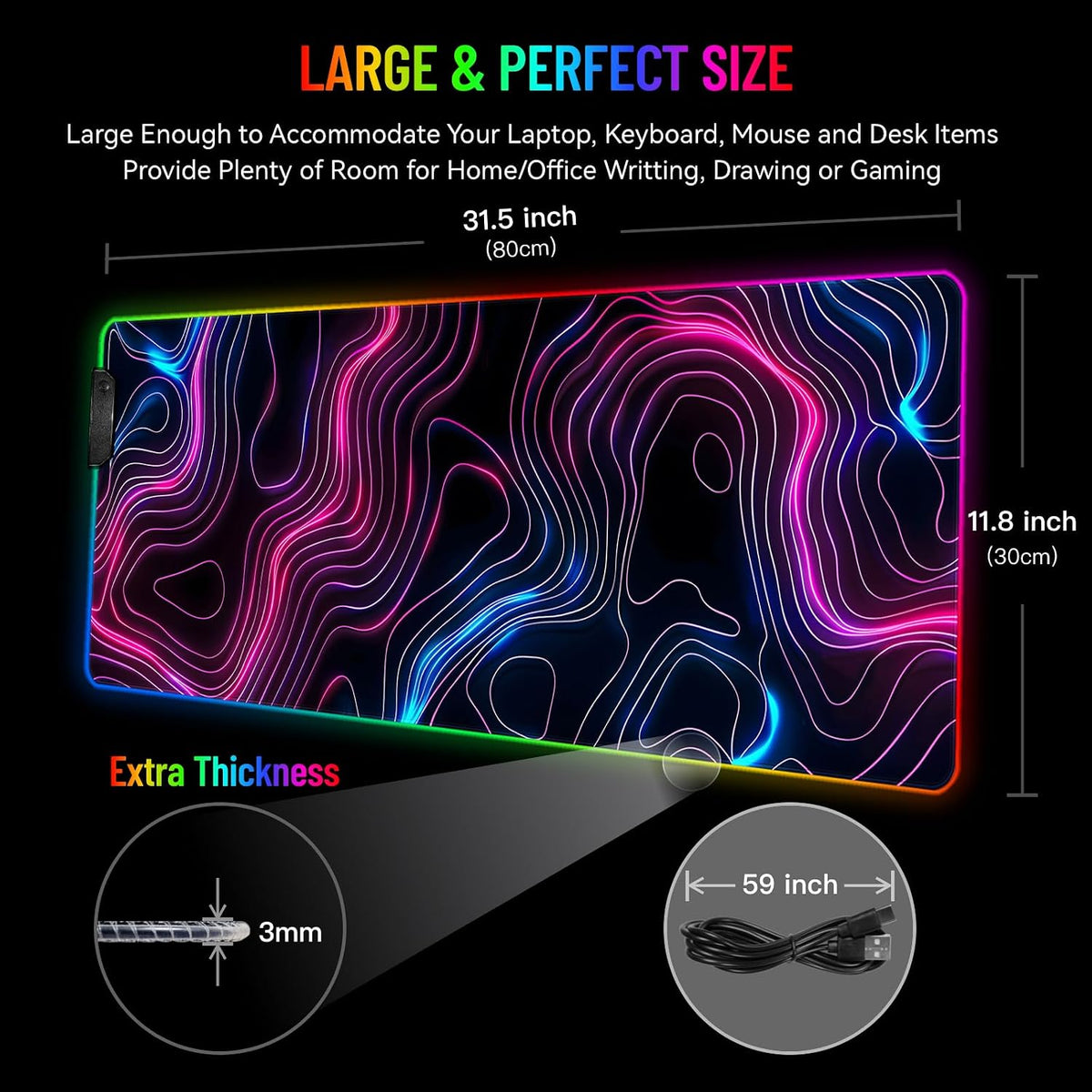 Desk Mat for Keyboard Extra Large Gaming RGB Mouse Pad, Topo