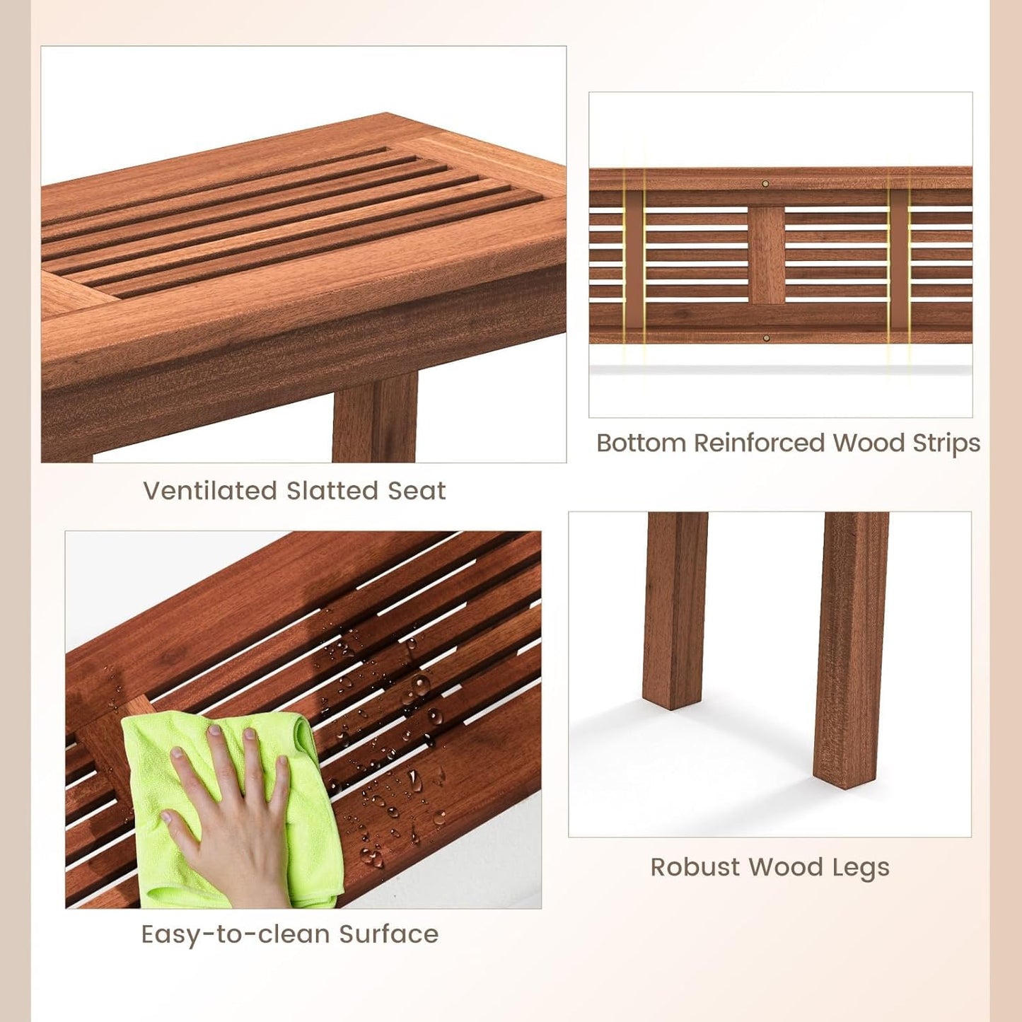 ERGOMASTER Wooden Outdoor Bench Set of 1, 2-Person Patio Backless Garden Benches, Indoor Outdoor Dining Bench for Backyard, Lawn, Porch