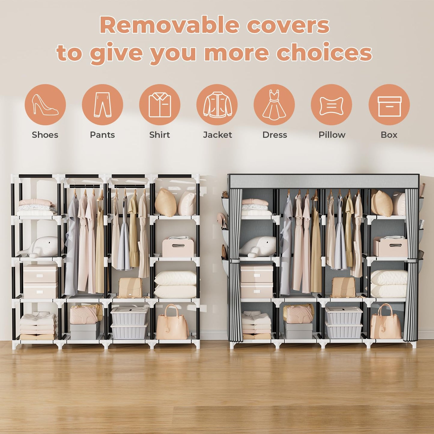 VTRIN Portable Closet, 69 Inch Wide Wardrobe Closet for Hanging Clothes, 19mm Metal Pipe,Sturdy Clothes Rack with Cover, 2 Hanging Rod,12 Shelves, 6 Pocket, Free Standing Closet for Bedroom
