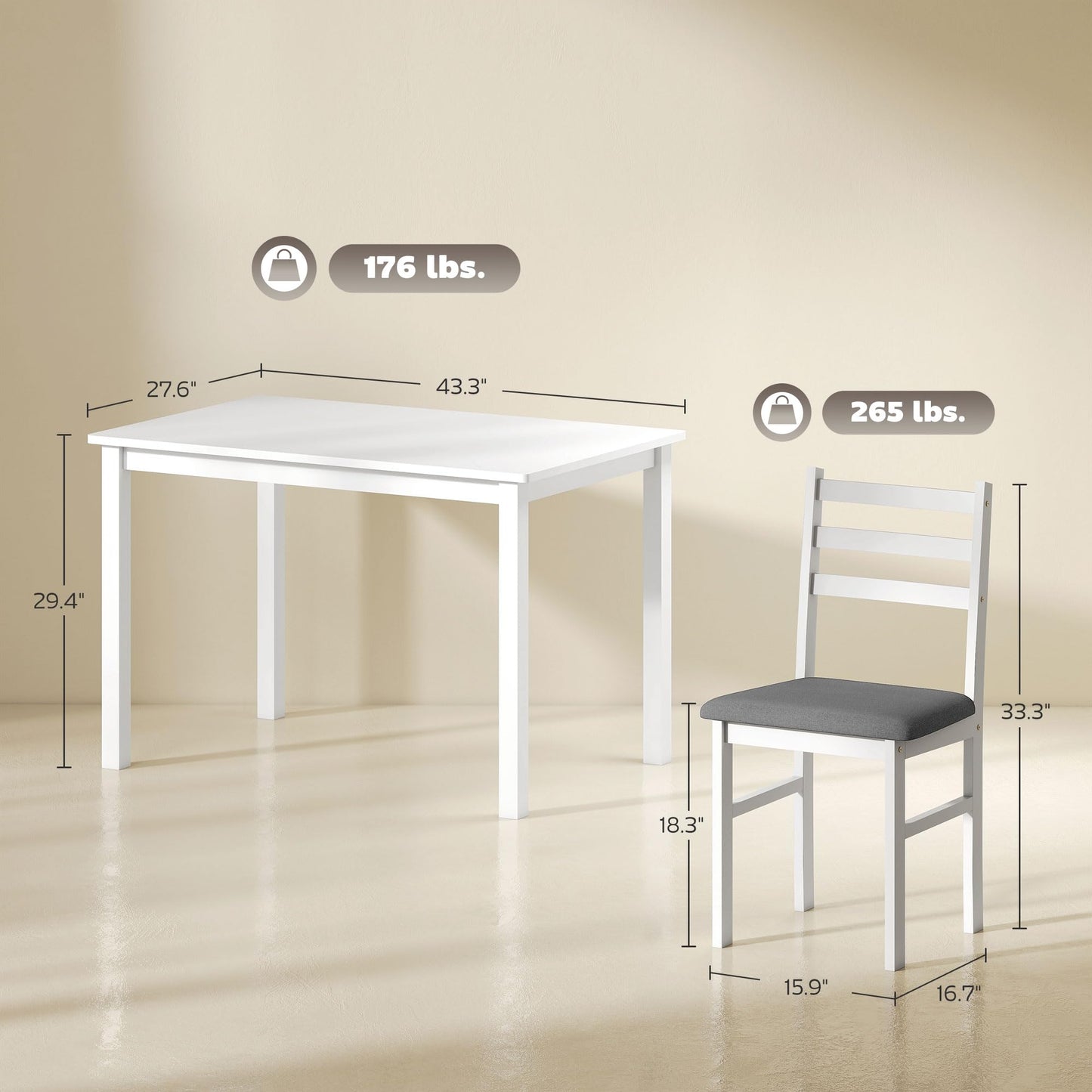 HOMCOM 5-Piece Dining Table Set for 4, Farmhouse Kitchen Table Set with 4 Upholstered Padded Chairs, Solid Wood Legs and Backrest for Small Space, Dining Room, Breakfast Nook, White