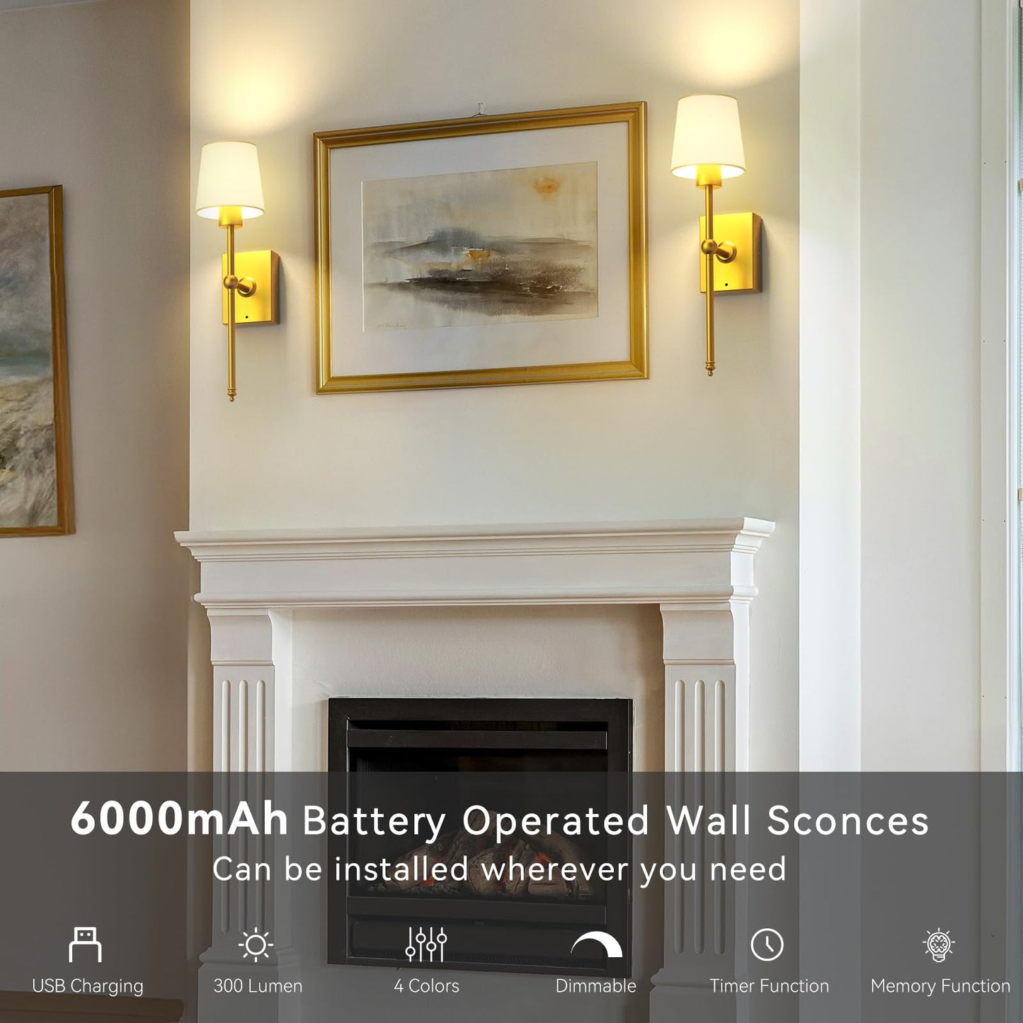 Battery-Operated Wall Sconces Set of 2: 6000mAh Rechargeable Wall Lights with Remote Control, Wireless Battery Powered Wall Lamp Wall Scone for Living Room Bedroom Hallway Bathroom (Gold)