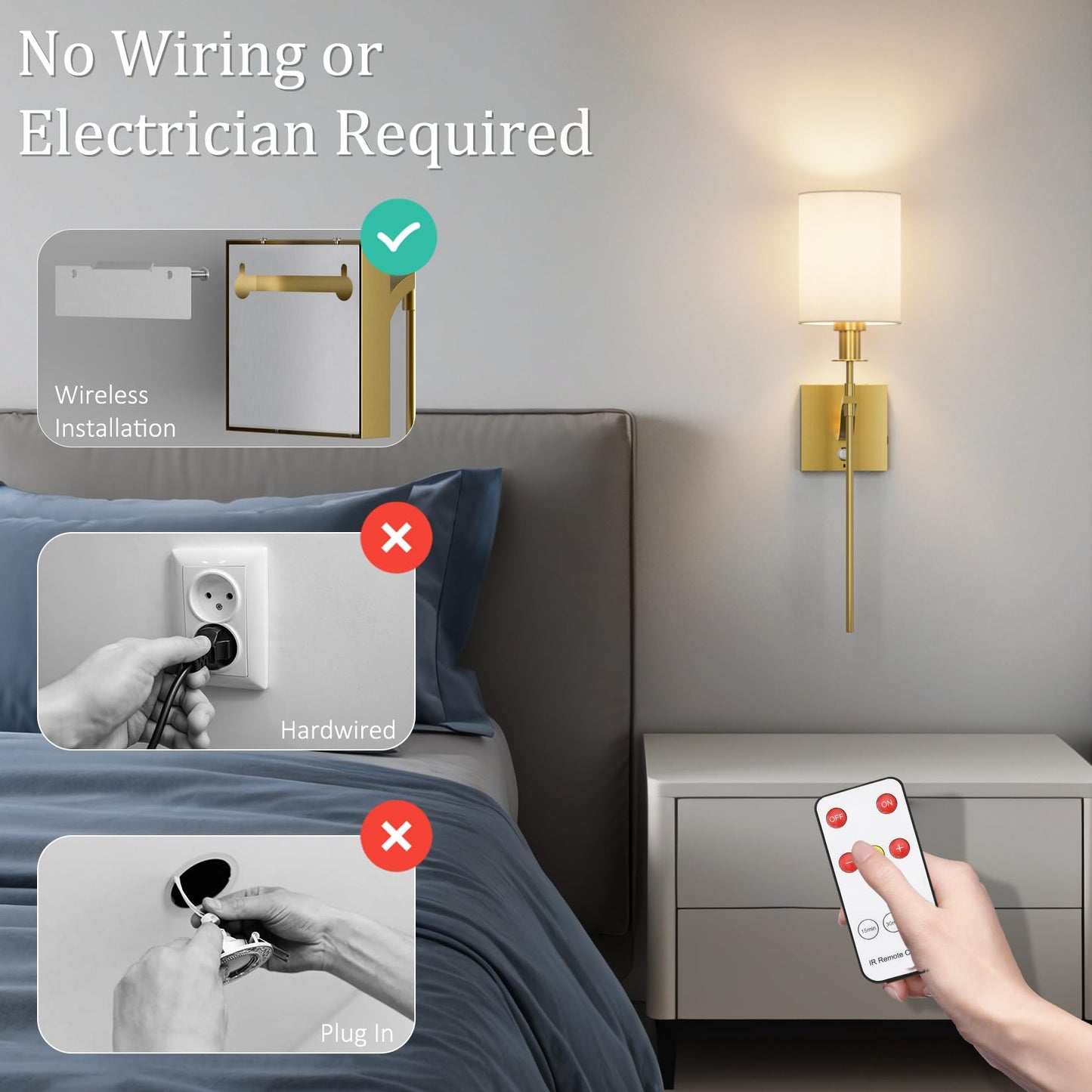 Coinmit Battery Operated Wall Sconces Set of Two,Cordless Dimmable 6000mAh Rechargeable Wireless Wall Light Indoor with Remote Control for Bedroom(Bulb Included)