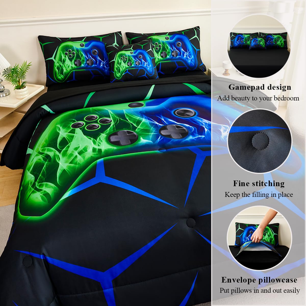 ZSYAYAHA Queen Gaming Bedding Set for Boys 6 Pieces Blue and Green Kids Bed in A Bag with Sheets Lightwight 3D Gamepad Bedding Comforter Set for All Seasons(Blue Green, Queen)
