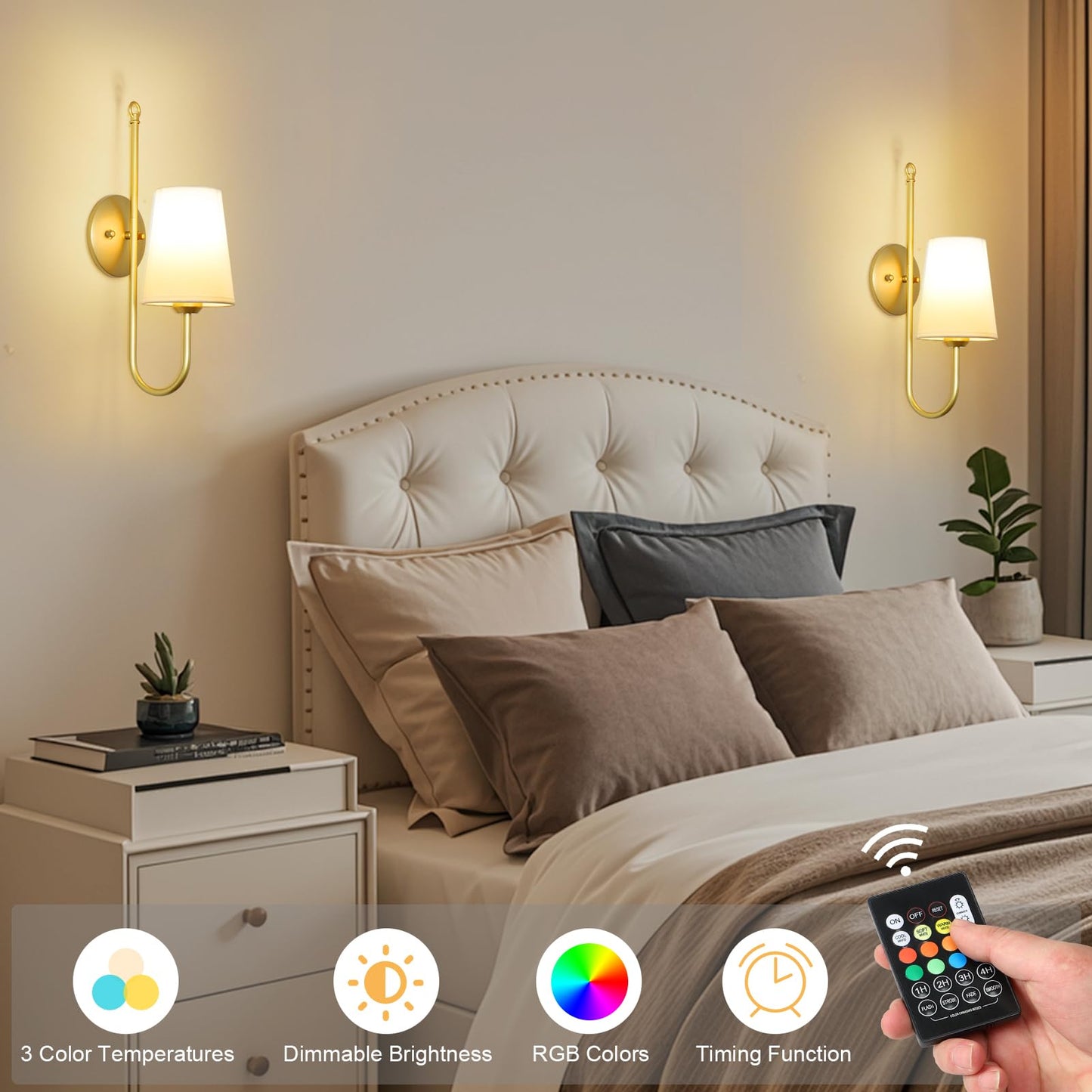 Battery Operated Wall Sconces Set of Two, Wireless Rechargeable Wall Lights with Remotes and RGB Bulbs, Gold Sconces Wall Decor Set of 2, Battery Powered Wall Sconce, Wall Lamp for Bedroom Living Room