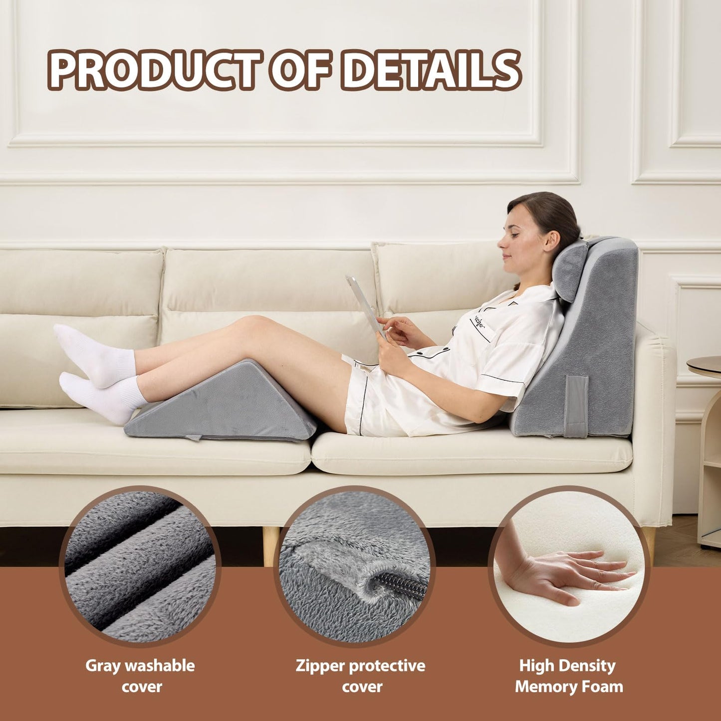 NIAOMAOGOU Reading Pillow for Sitting in Bed Adult, Back Pillow for Sitting Up in Bed with Arm Rest and Knee Rest, Suitable for Gaming,Watching TV on Floor, 19in 5Pcs, Grey