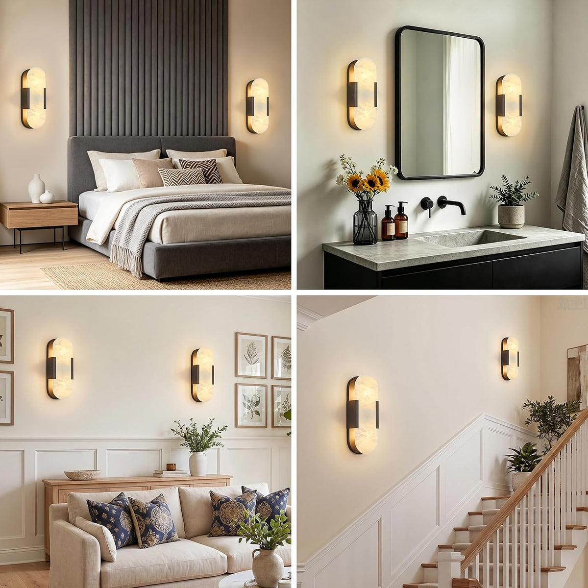 Natural Alabaster Wall Sconces Set of Two, Modern Marble Black Wall Sconce 14 inch Indoor Wall Lighting for Bedroom Bathroom Living Room Stairs