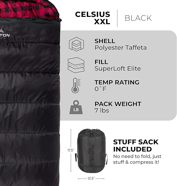Teton Celsius XXL Sleeping Bag, Cold Weather Sleeping Bags for Adults and Kids, Camping Made Easy and Warm. Compression Sack Included, 35F, 25F, 0F, 20F Degree
