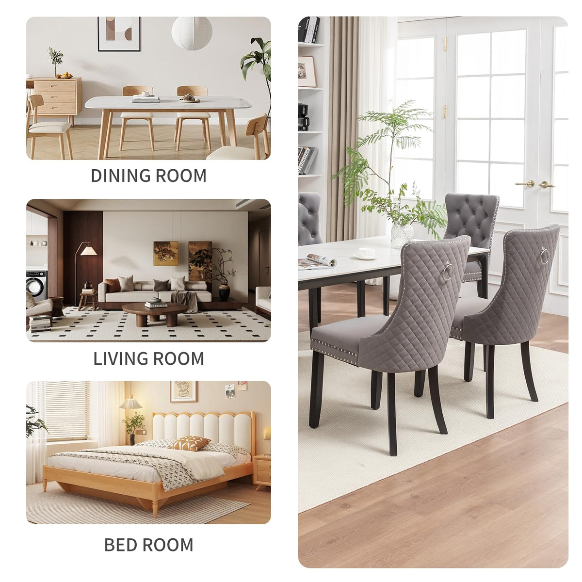 Systemkenji Velvet Dining Chairs Set of 4, Upholstered Dining Room Chairs with Nailhead Trim, Sillas de Comedor Modernas 4, Wooden Kitchen Chairs for Dining Room, Living Room, Kitchen, Bedroom, Grey