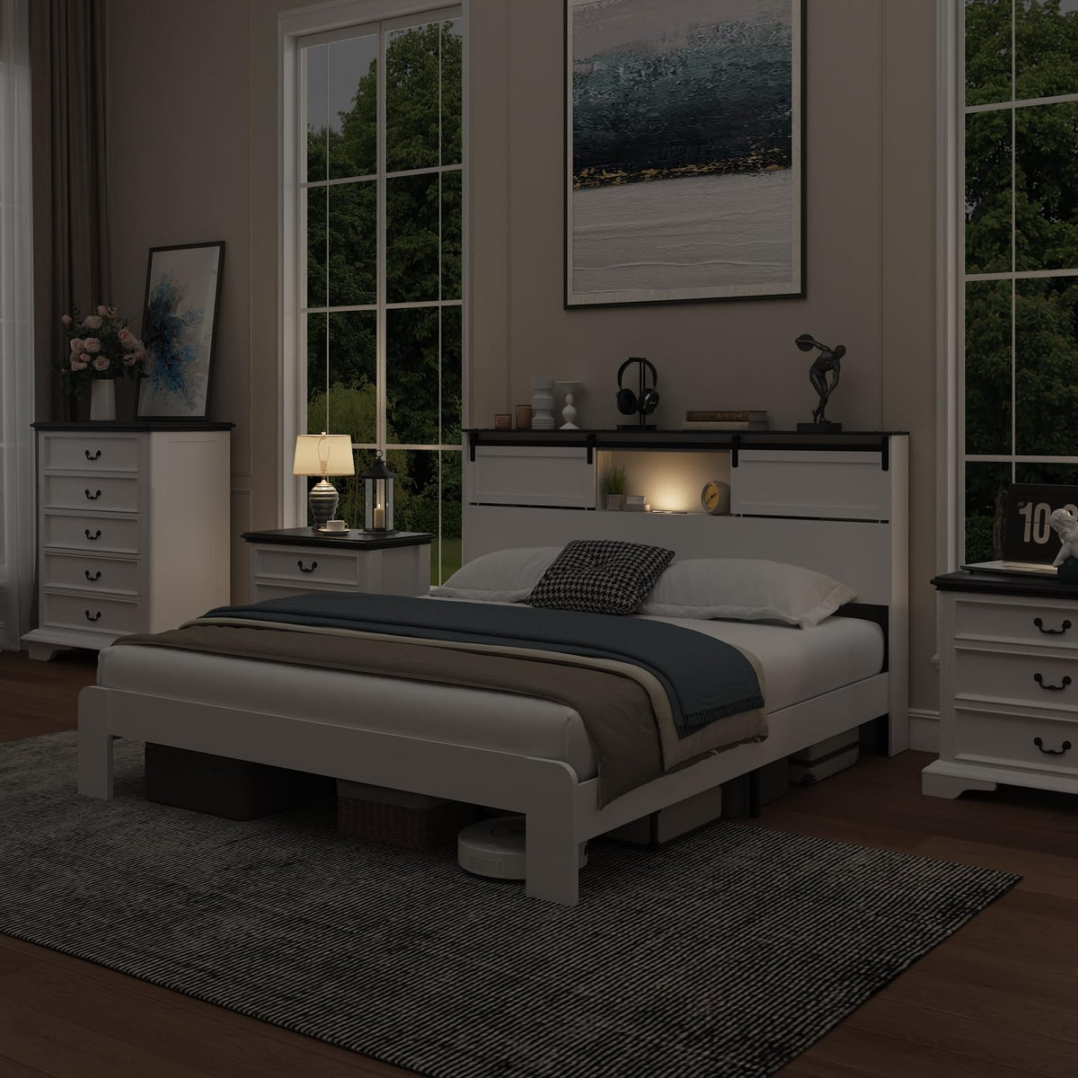 QNICE King Size Wooden Bed Frame with Storage Headboard, LED Lights & Charging Station, Sliding Barn Door, Farmhouse Wood Platform Bed with Metal Slats Support, Boho White