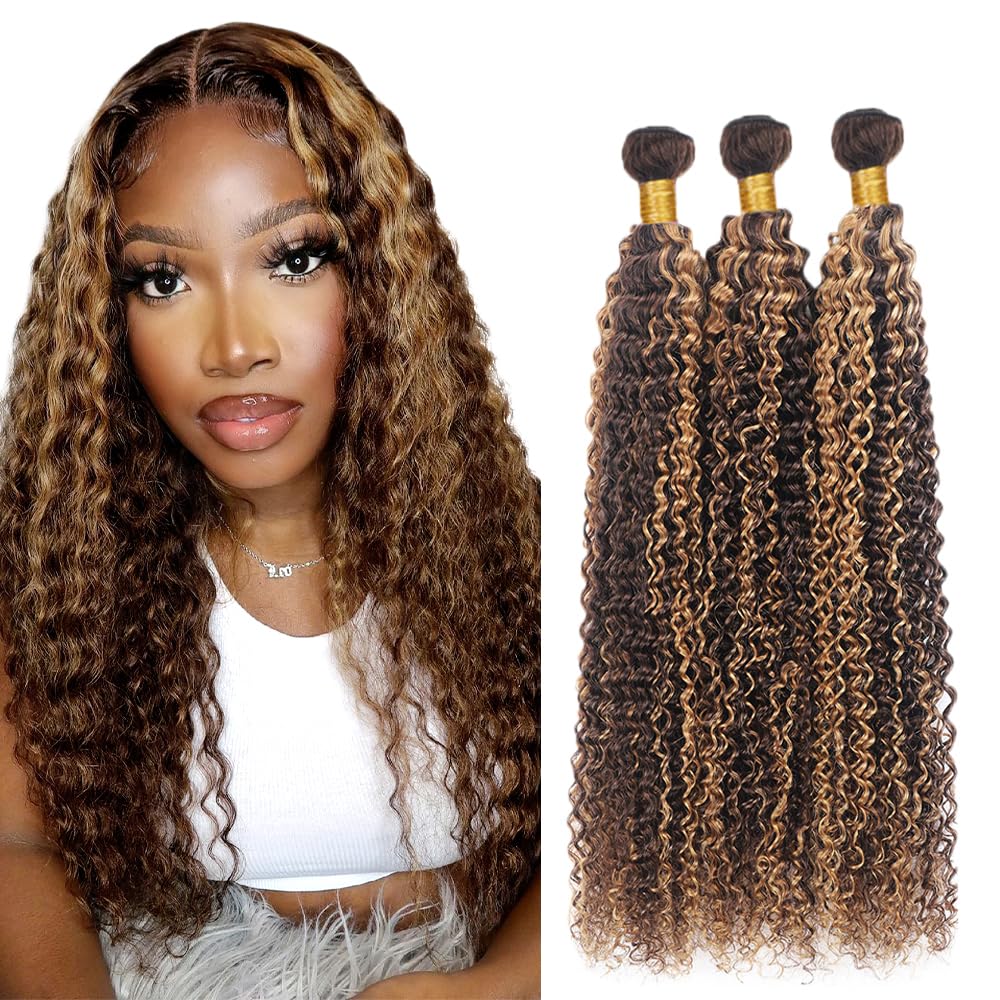 Ombre Curly Bundles Highlight Human Hair Bundle 8A Brazilian Virgin Blonde Curly Human Hair 3 Bundles 30 32 34 Inch P4/27 Kinky Curly Bundles Honey Blonde and Brown Bundle Human Hair Extensions