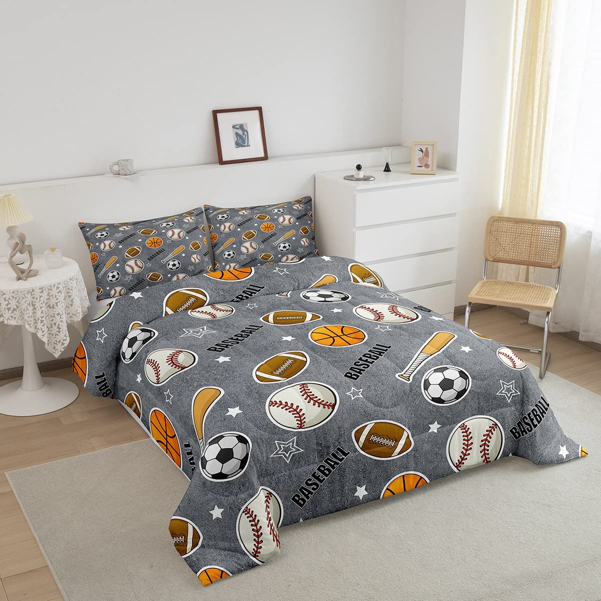 Boys Ball Sports Themed Bedding Set Twin Size Baseball Bat Soccer and American Football Comforter Set 2pcs Kids Teens Cartoon Grey Quilted Duvet Ball Sports Games Bedspread Modern Bedroom Decor