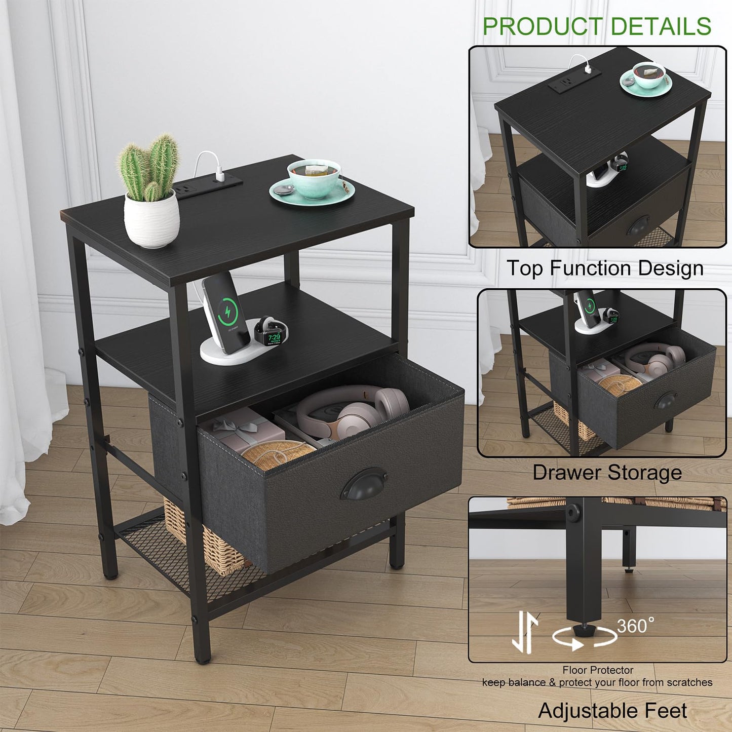 sthmec Nightstands Set of 2, Black Night Stands with Charging Station, Bedside Tables with Fabric Drawers PU Finish, 2-Tier Side Table with Open Shelf, Nightstands with Drawer,Black