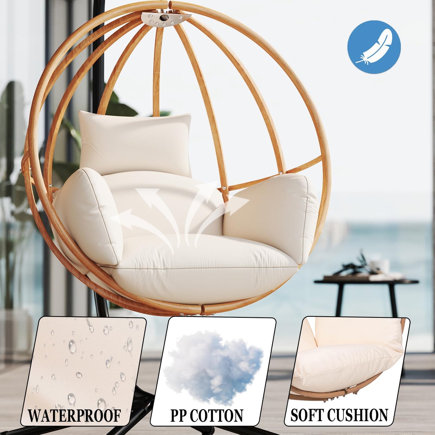 DAYAOUTDOOR Hanging Egg Chair with Stand, Egg Swing Chair Outdoor for Balcony, Patio Hanging Egg Chairs with Cushions for Relaxation in Bedrooms, Gardens, Beige