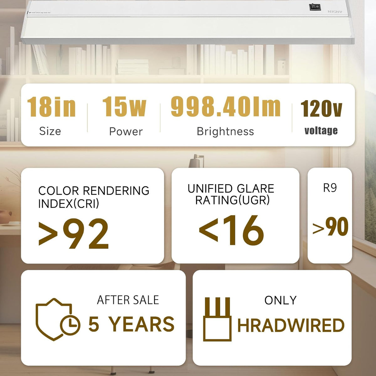 Ansen Hardwired Under Cabinet Lighting, 18inch 15W LED Light for Kitchen/Closet, 998.4lm, CRI>92, R9>90, Dimmable, 5 Color Temperature, 2700K-5000K(Warm White, Cool White, Daylight)