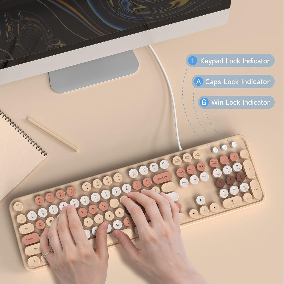 Dilter Wired Keyboard, 104 Keys Full-Sized Typewriter Keyboards, USB Plug and Play Office Keyboard with Number Pad, Caps Indicators, Foldable Stands for Windows, PC, Laptop, Desktop (Milk-Tea)