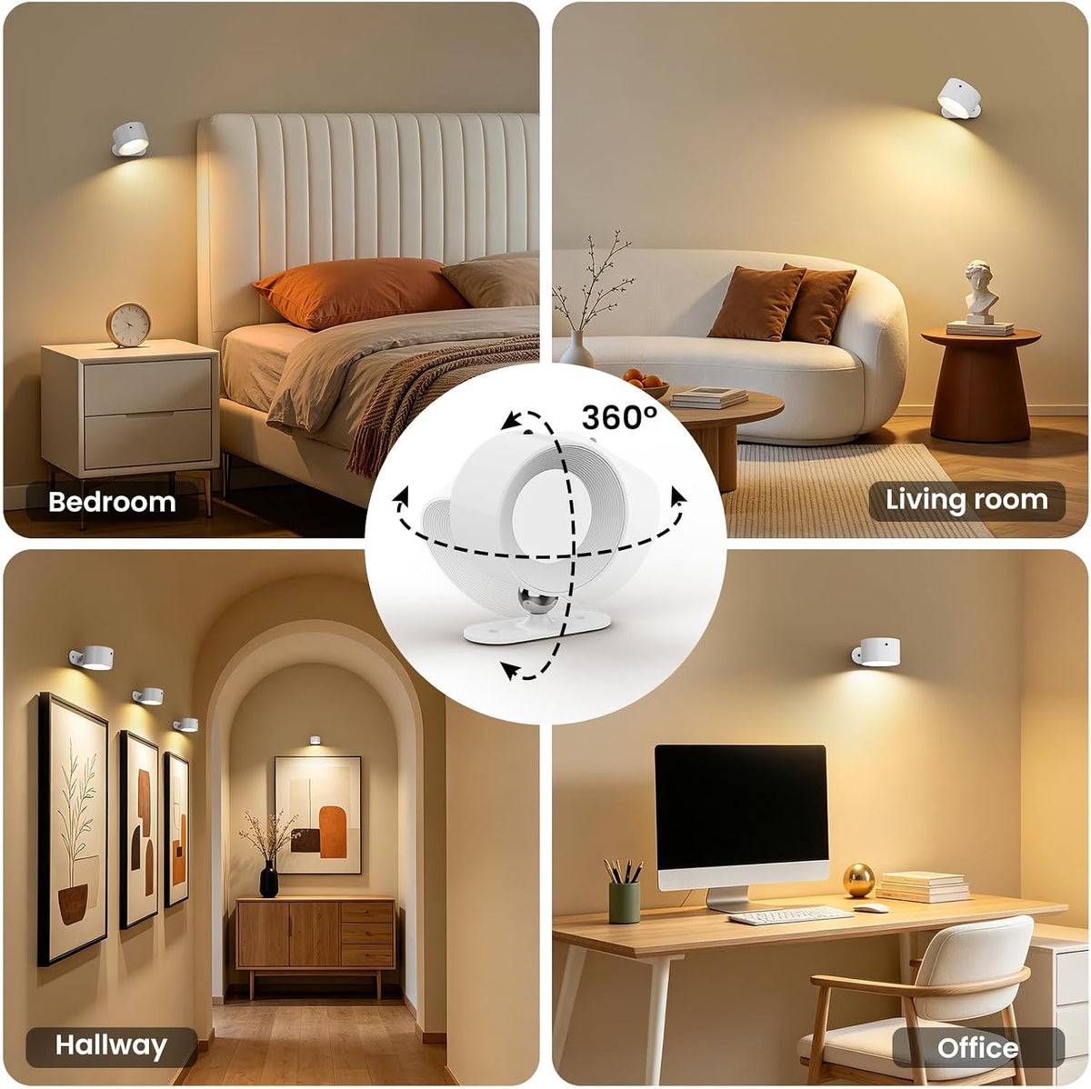 Koopala 3PACK Rechargeable LED Wall Sconce, Cordless Battery with Remote, Powered Wall Sconce, 3 Brightness Levels, 360° Swivel Magnetic Shade for Bedrooms, Hallways, Den and Reading Spaces（White）