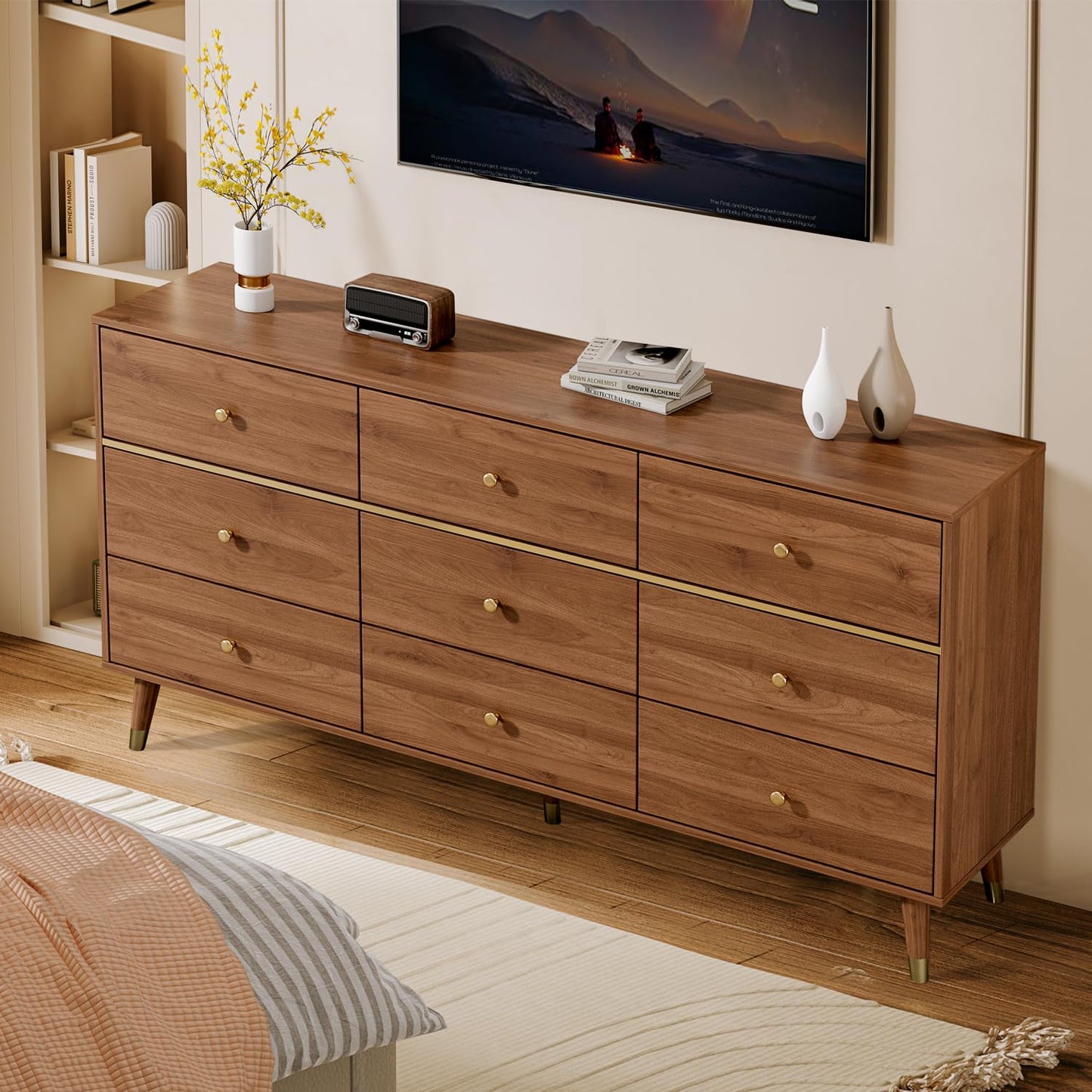 Chrangmay 9 Drawer Dresser,63" Wide Mid Century Modern Chest of Drawers,Wooden Bedroom Drawer Dresser with 9 Storage Drawers for Bedroom, Living Room,with Anti-Tipping Device,Umber