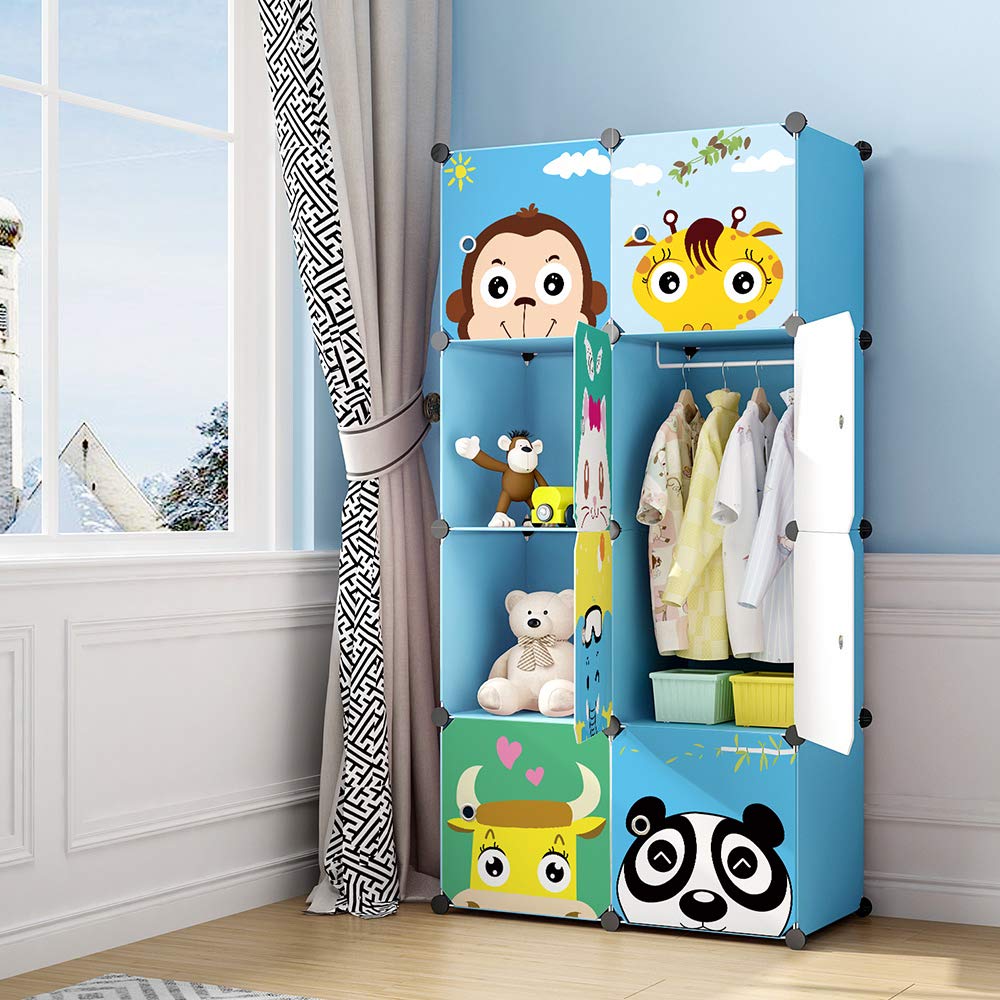 MAGINELS Children Wardrobe Kid Dresser Cute Baby Portable Closet Bedroom Armoire Clothes Hanging Storage Rack Cube Organizer(Blue, 6 Cube & 1 Rod)