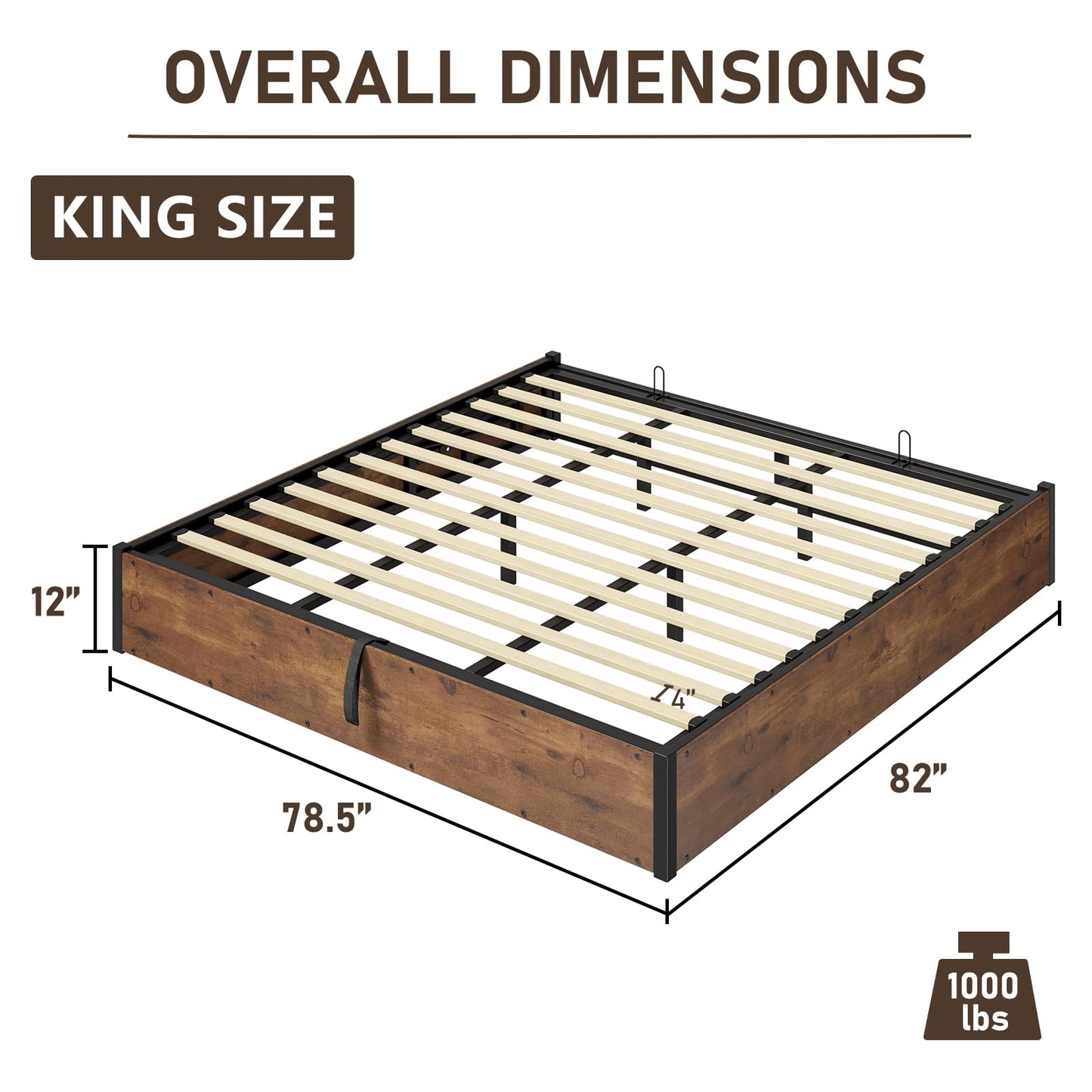 LUXOAK 3 Pieces Bedroom Sets, Includes King Size Lift Up Storage Platform Bed Frame, 2 Drawers Farmhouse Nightstand Set of 2 with Charging Station, No Box Spring Needed, Rustic Brown