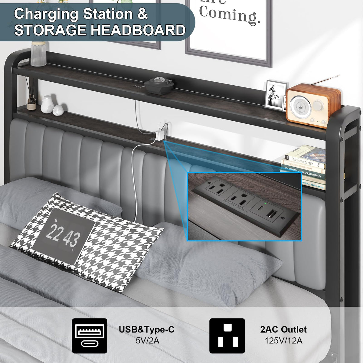 LoVinson Full Size Bed Frame with Headboard & Star Projector, Metal Upholstered Bed Frame with Charging Station, Heavy Duty Bedframe with Storage Ottoman, Noise-Free, No Box Spring Needed, Grey