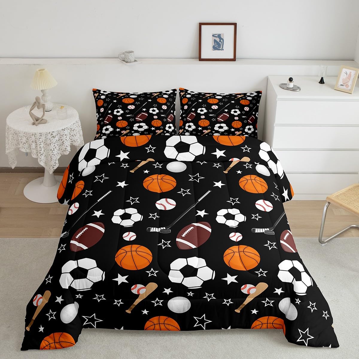Feelyou Sports Theme Bedding Set Twin Size Basketball Football Baseball Hockey Comforter Set for Kids Boys Girls Teens Toddler Ball Games Duvet Set Black Quilt Set 2Pcs