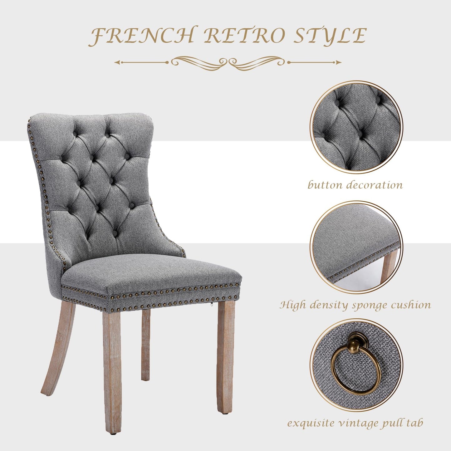 LKTART Upholstered Dining Chairs Set of 4 with Button Tufted, Linen Chair with Solid Wood Legs for Dining Room, Living Room, Bedroom, Kitchen Grey