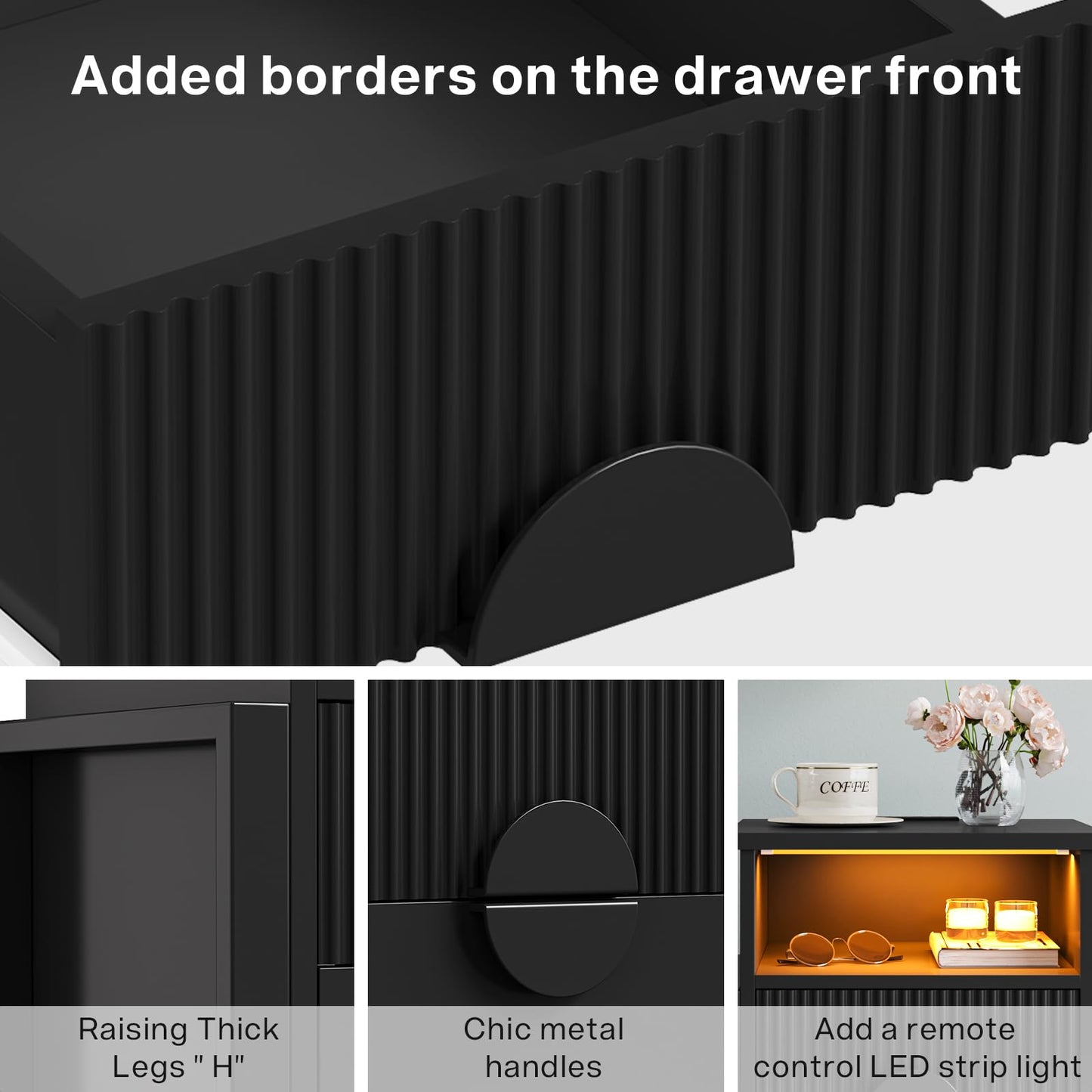 LGHM Fluted Nightstand with Strip Lights, Charger Station, Night Stand with 2 Drawers, Accent Bed Side Table and End Table,Curved Profile Design, Raising H Legs for Bedroom, Living Room,Black