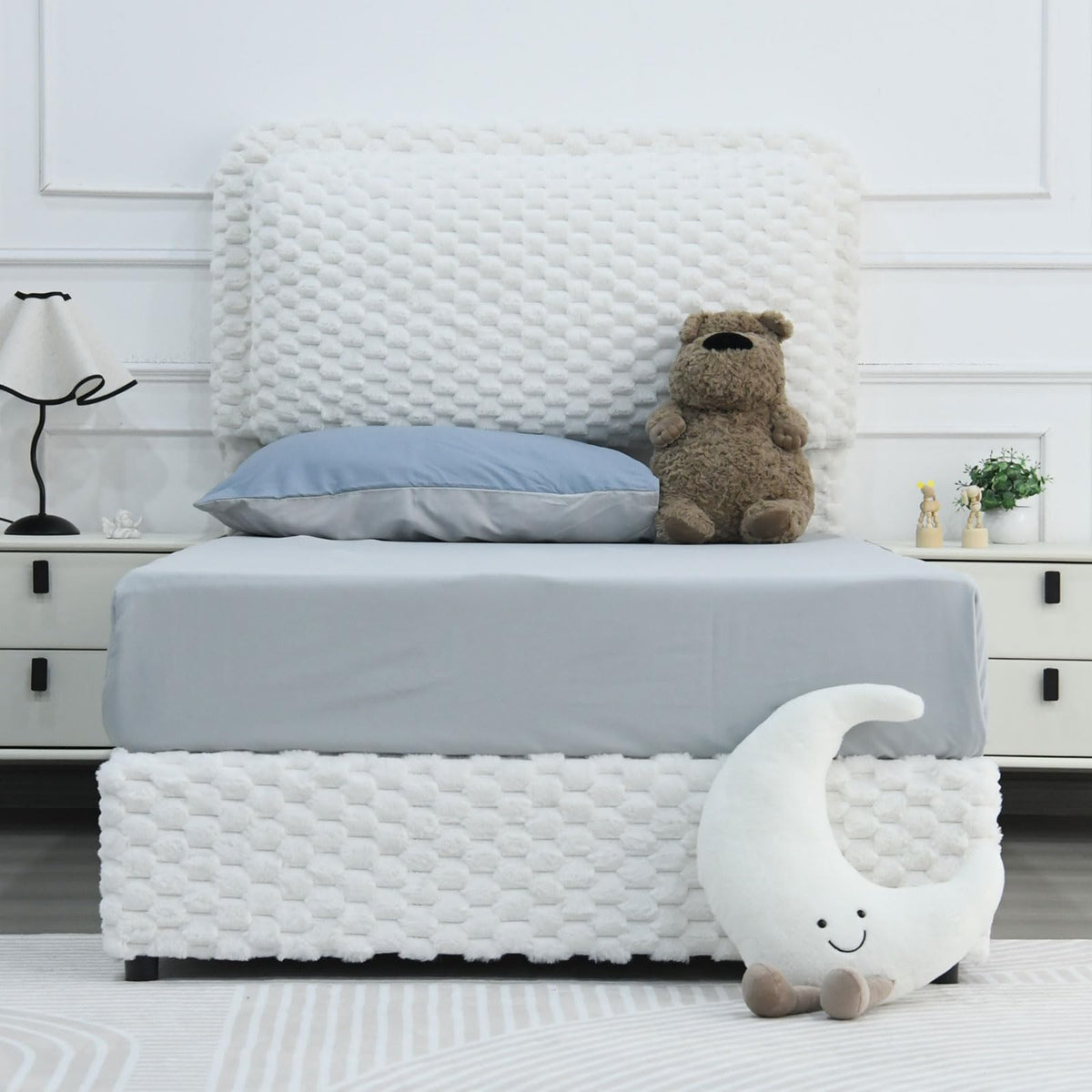 REVOMINCA Twin Bed Frame with Headboard, Twin Size Corduroy Upholstered Platform Bed Frame with Soft Headboard, Wooden Slats Support, No Box Spring Needed, Easy Assembly, White