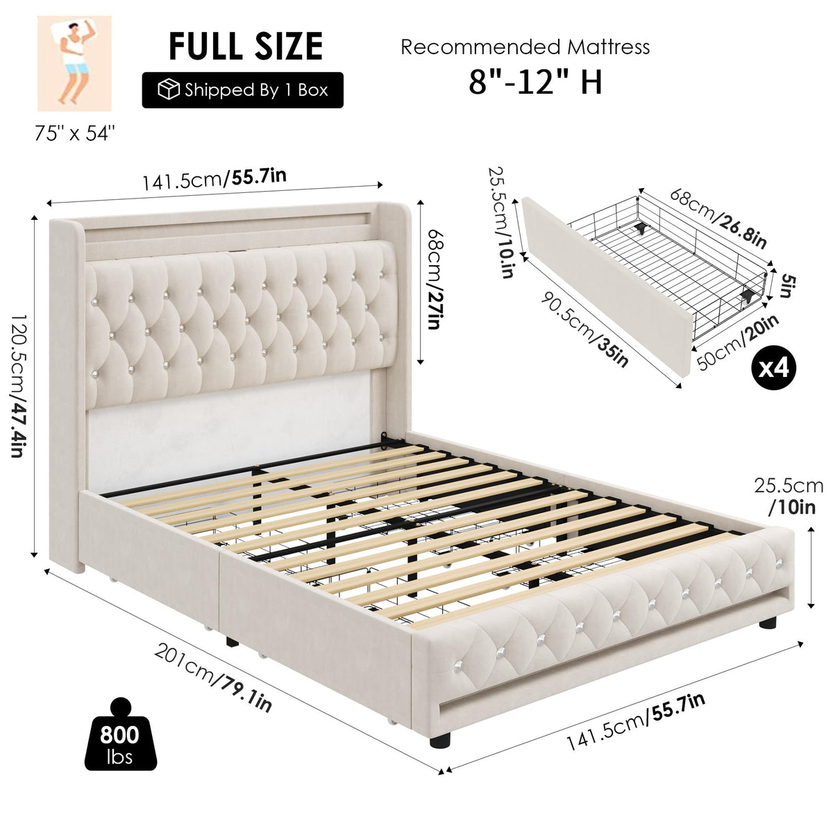 HIFIT Full LED Bed Frame with Charging Station and 4 Storage Drawers, Velvet Upholstered Platform Bed with Handcrafted Crystal Button Wingback Headboard, Metal Frame with No Box Spring Needed, Beige