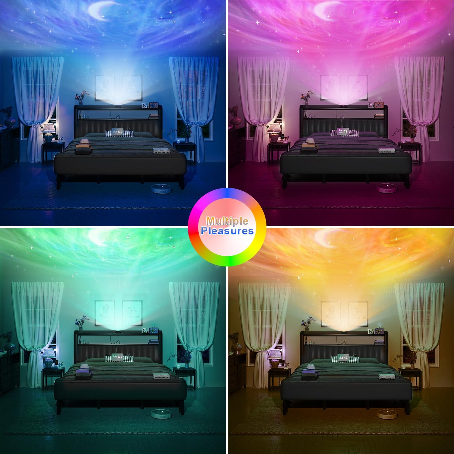 LoVinson Full Size Bed Frame with Headboard & Star Projector, Metal Upholstered Bed Frame with Charging Station, Heavy Duty Bedframe with Storage Ottoman, Noise-Free, No Box Spring Needed, Grey