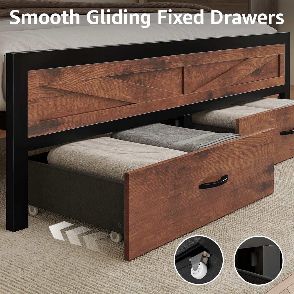 Siihnon Rustic King Size Bed Frame with Storage Drawers and Barn Door Headboard, Farmhouse LED King Bed Frame with Charging Station, Metal Industrial Platform Bed Frames, No Box Spring Needed, Brown