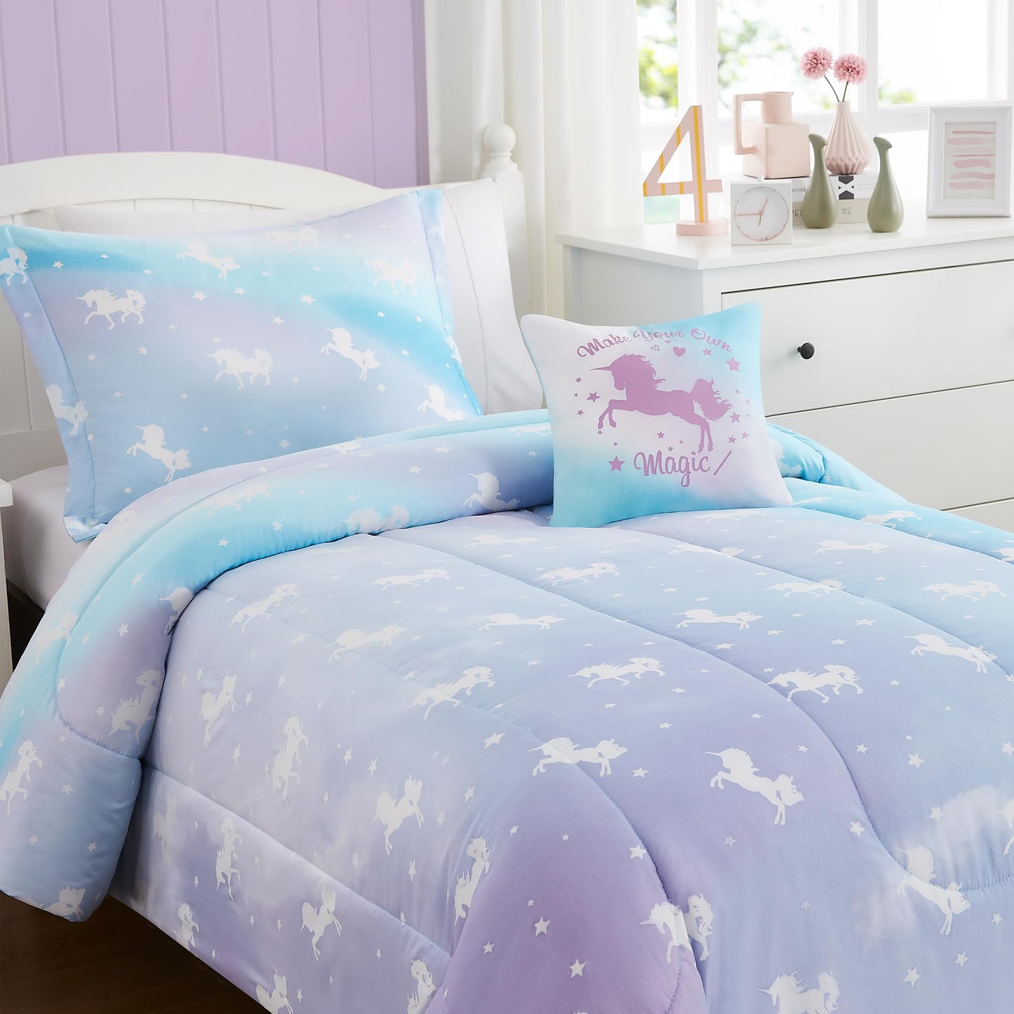 Kaleido Space Twin Bedding Sets for Girls - 3 Pieces Glow in The Dark Unicorn Twin XL Comforter Sets for Girls 1 Comforter, 1 Decor Pillow, 1 Pillow Shams