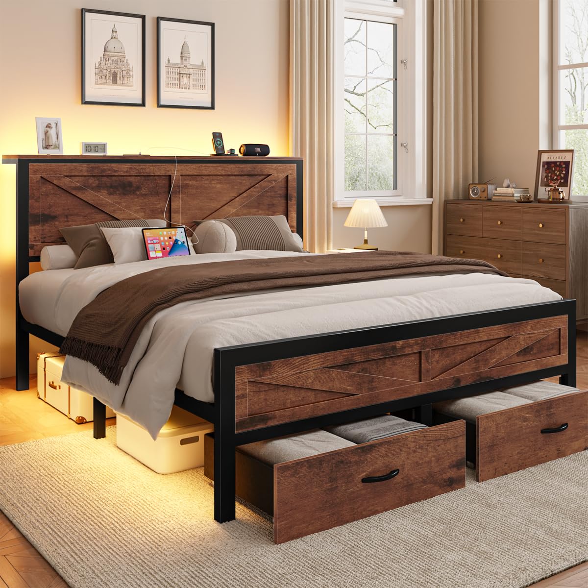 Siihnon Rustic King Size Bed Frame with Storage Drawers and Barn Door Headboard, Farmhouse LED King Bed Frame with Charging Station, Metal Industrial Platform Bed Frames, No Box Spring Needed, Brown