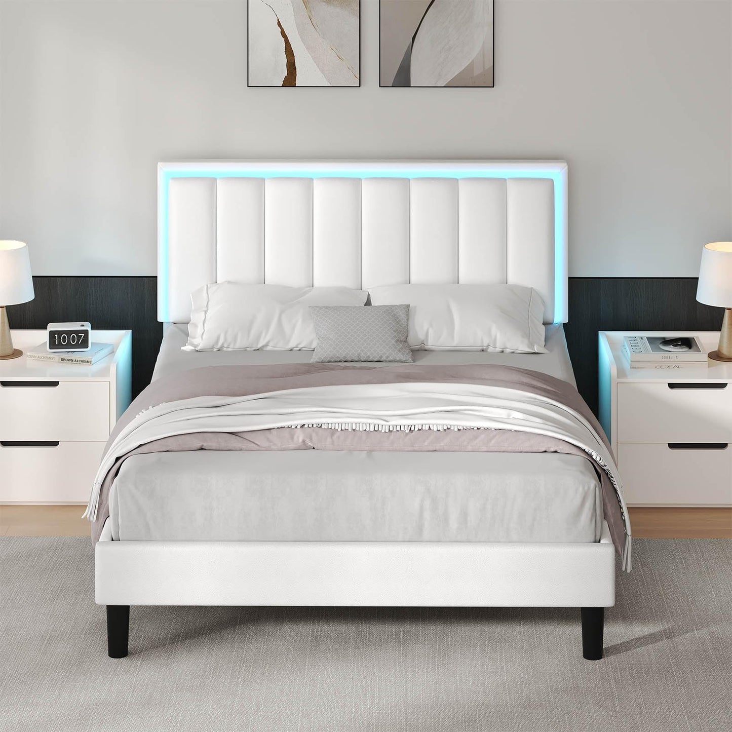 IMMERSTABLE Queen Bed Frame, Bed Frame Queen Size with LED Lights, Upholstered Queen Bed Frames with Headboard, Heavy Duty Wood Slats Support, Noise-Free, No Box Spring Needed, Easy Assembly, White