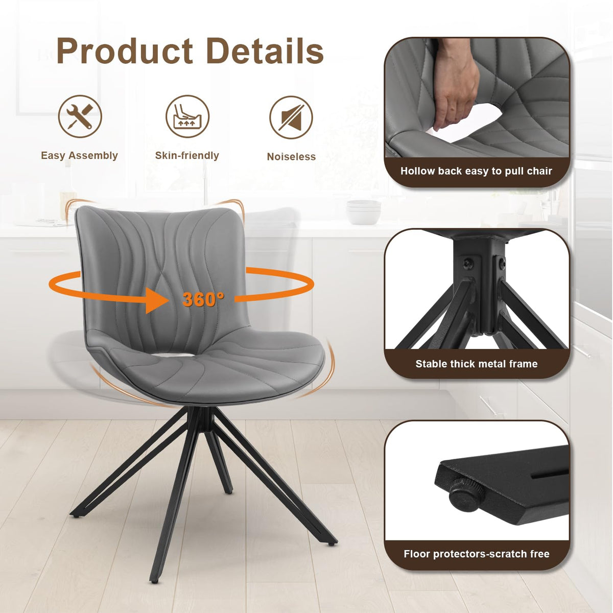 VATROS Dining Chairs Set of 6, 360° Swivel Upholstered Mid-Century Modern Kitchen Dining Room Chairs, Armless Faux Leather Accent Side Chair with Padded Back, Metal Legs for Living Room Bedrooms,Grey