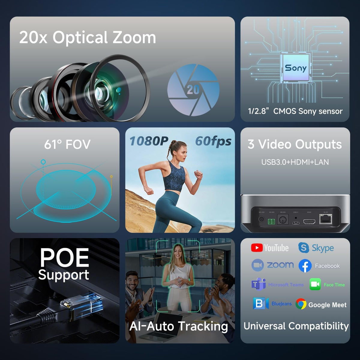 AI Auto-Tracking PTZ Camera 20x Optical Zoom HDMI USB IP Live Streaming Camera 1080P 60fps Video Conferencing System POE Supply for Church Services Worship Education Work with Zoom Team vMix OBS