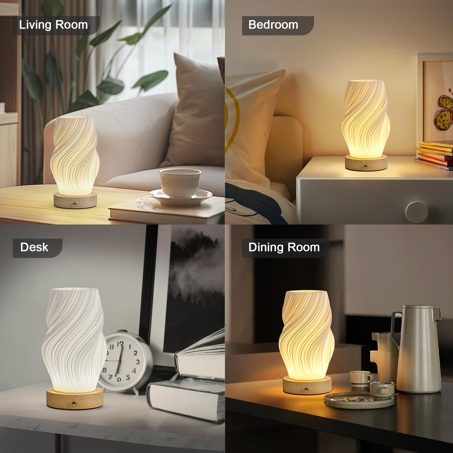 SisiHokai Small Battery Operated Lamp, Modern Table Lamp, Rechargeable, Touch Control, 3 Color Temperature, Dimmable, Bedside Table, Flame