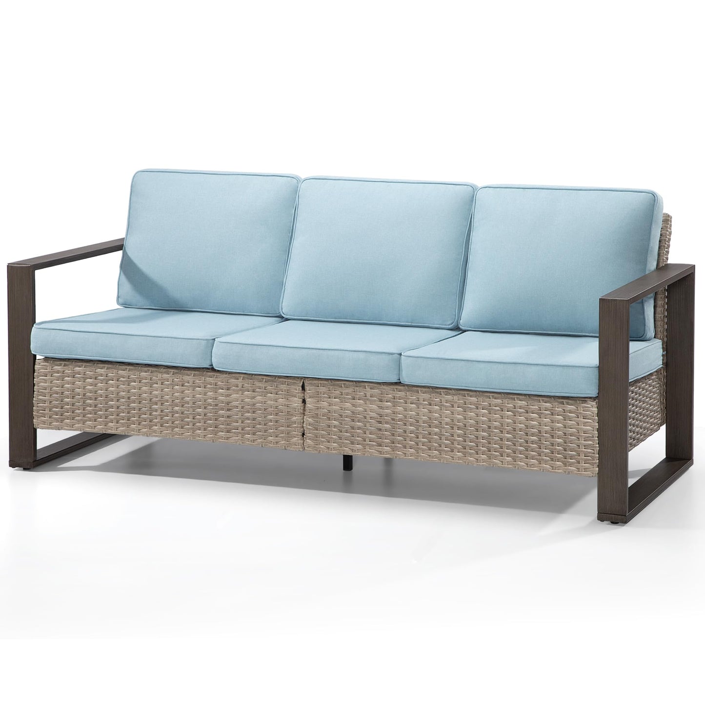 MeetLeisure 75" Patio Metal Wicker Sofa, All Weather Outdoor Rattan 3-Seat Sofa Couch with Premium Cushions & Rectangular Framed Wood-Looking Metal Armrest for Garden Backyard Porch Deck, Baby Blue
