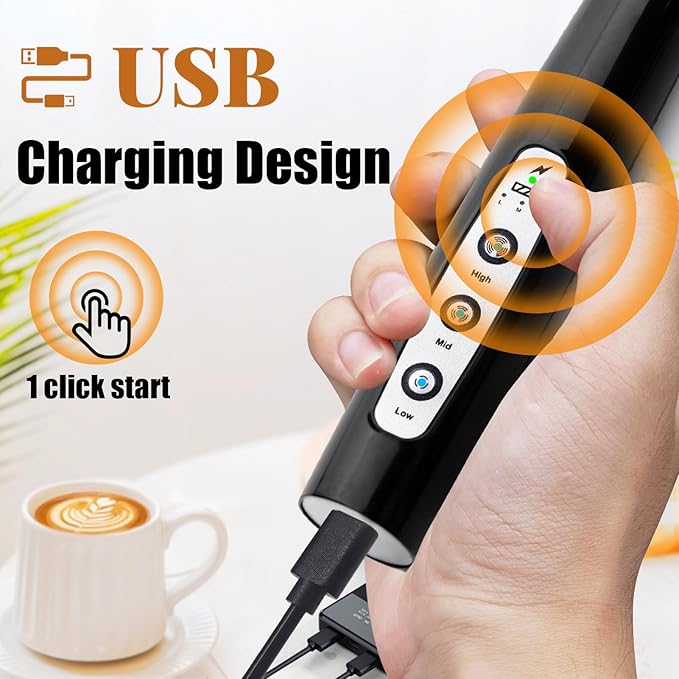 Nahida Black Handheld Milk Frother for Coffee, Rechargeable Electric Whisk with 3 Heads 3 Speeds Frother Foam Maker For Latte, Cappuccino, Hot Chocolate, Egg