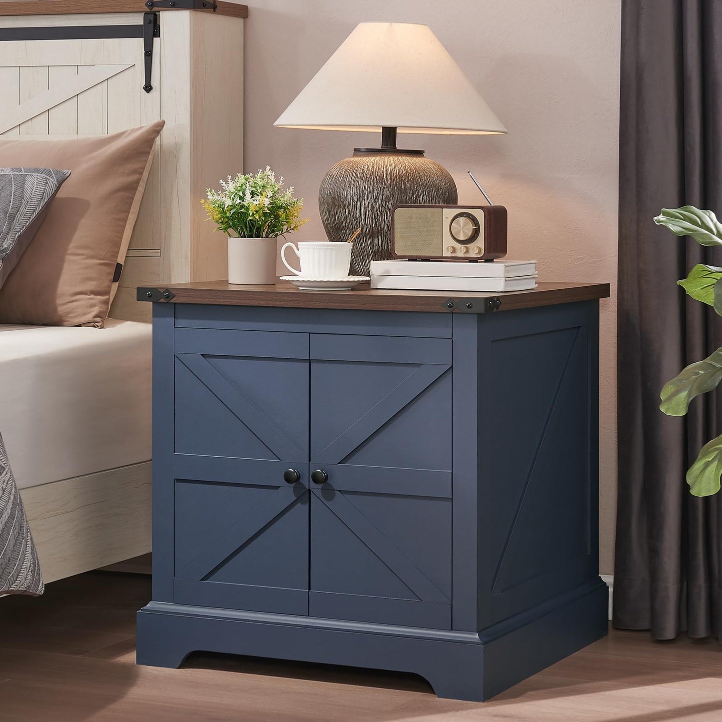 QUW 24" End Table with Charging Station, Bedside Table with Barn Door and Adjustable Shelves, Farmhouse Side Table, Nightstand for Bedroom, Living Room, Blue