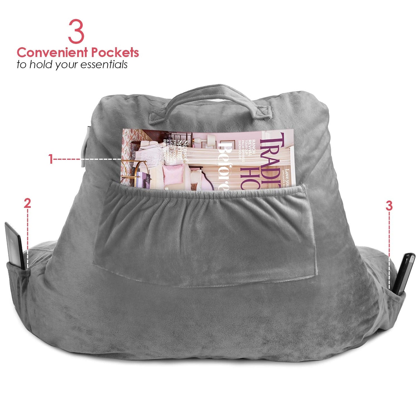 Nestl Reading Pillow with Shredded Memory Foam, Designed for Sitting Up in Bed and Couch, Back and Arms Adjustable Support for Adult & Teens Backrest Pillows for Reading, with Washable Cover Dark Grey