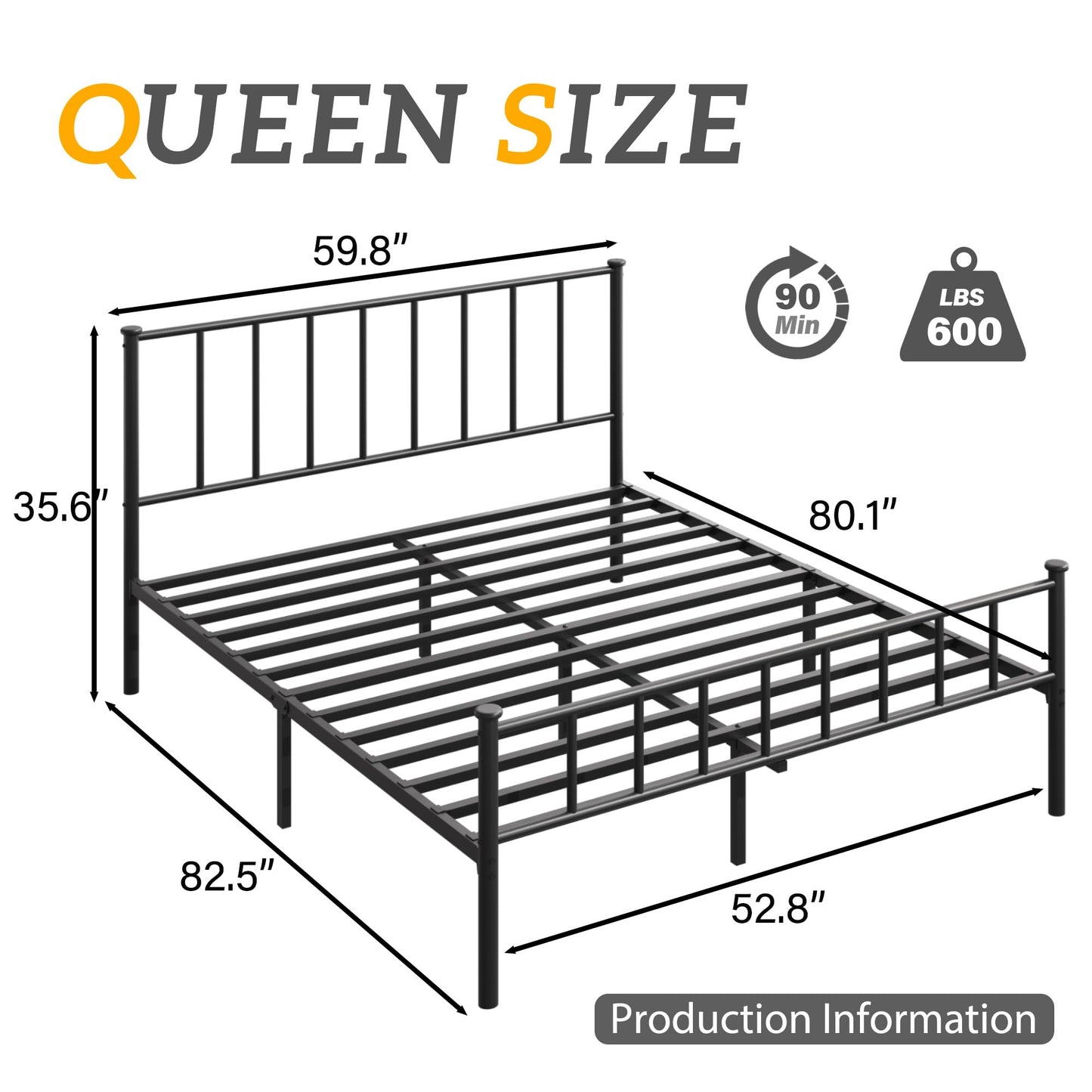 Fluest Queen Bed Frame with Headboard and Footboard, Metal Platform Bed Frame, All Metal Slats Support, Under Bed Storage, No Box Spring Needed, Noise-Free, Easy Assembly, Black