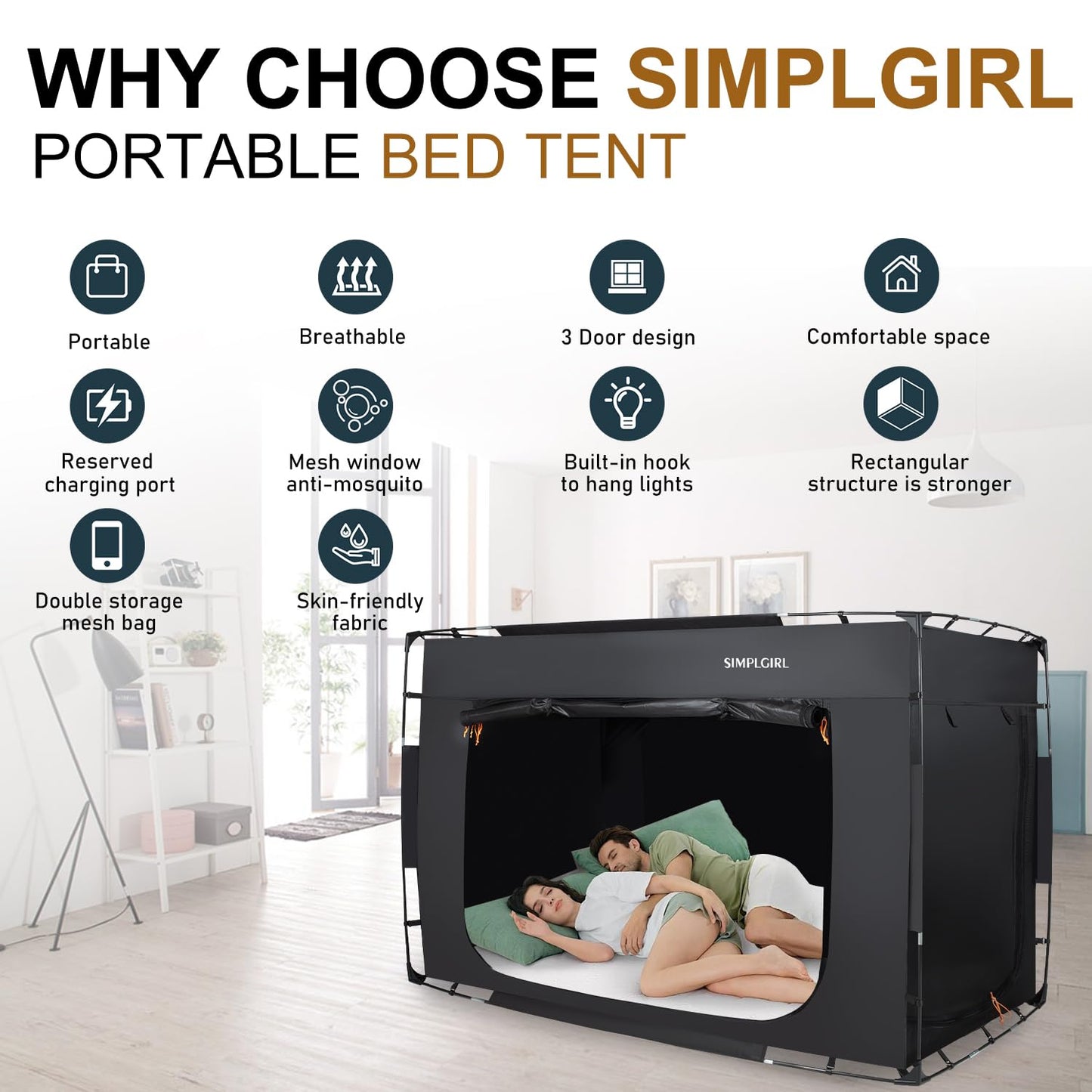 Bed Tent Bed Full Size Canopy Tents for Adult - Portable Dream Indoor Sleeping Tents Blackout with 3 Doors Breathable Private Space Tent