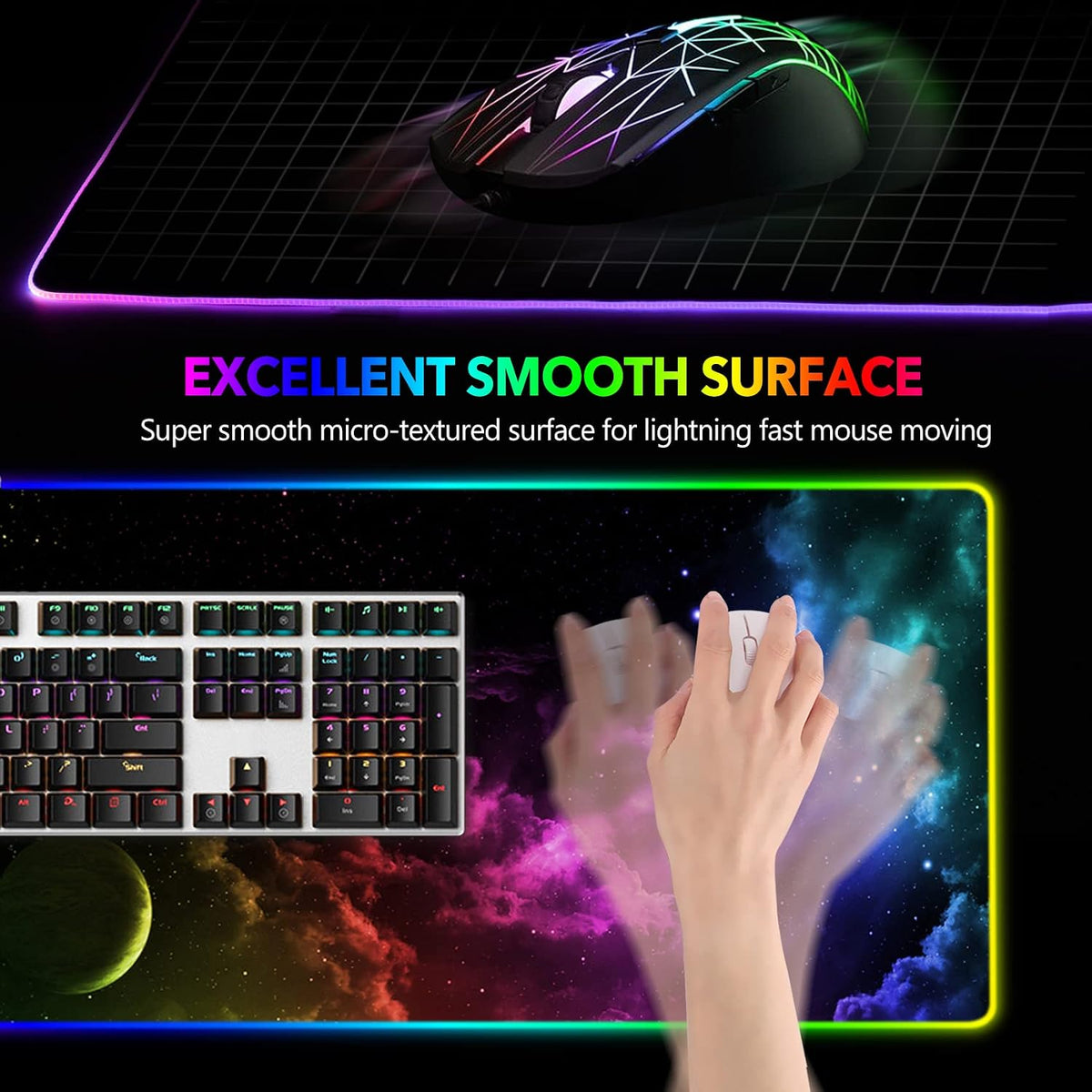 AIMSA Large RGB Gaming Mouse Pad, Keyboard Mousepad Led Extended 35.4 x 15.8 inch Non-Slip Rubber Base with 14 Lighting Modes, Big Desk Mat Waterproof, Nebula Universe